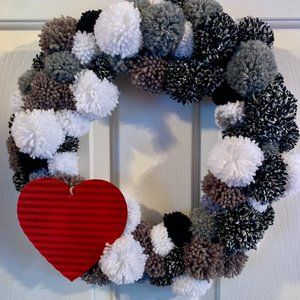 Black & White Kitschy Heart Yarn Pom Pom Wreath - Valentines Day Door - Metal
